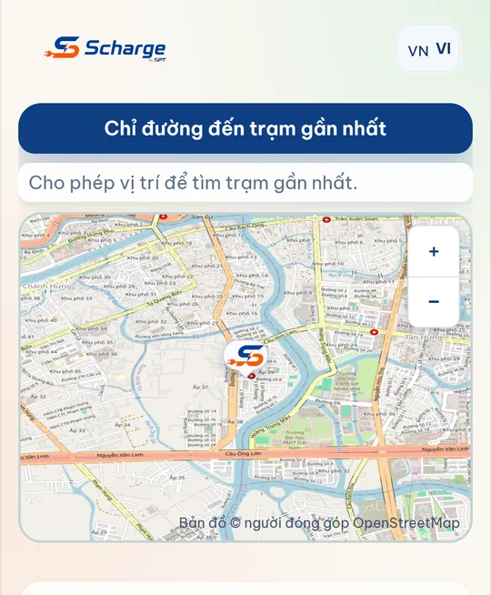 Màn hình ứng dụng Scharge: bản đồ trạm sạc và thẻ thông tin trạm Scharge Trung Sơn.