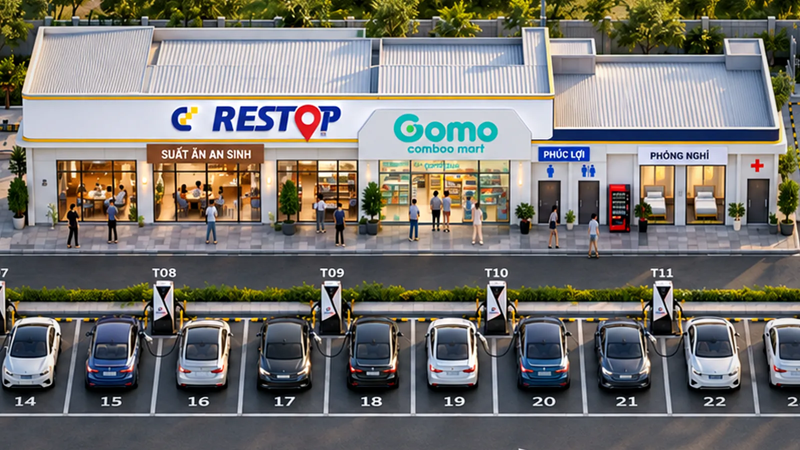 Phối cảnh mặt đứng khối dịch vụ Hạng A với biển CD Restop và GOMO, hàng trụ sạc Scharge phía trước.