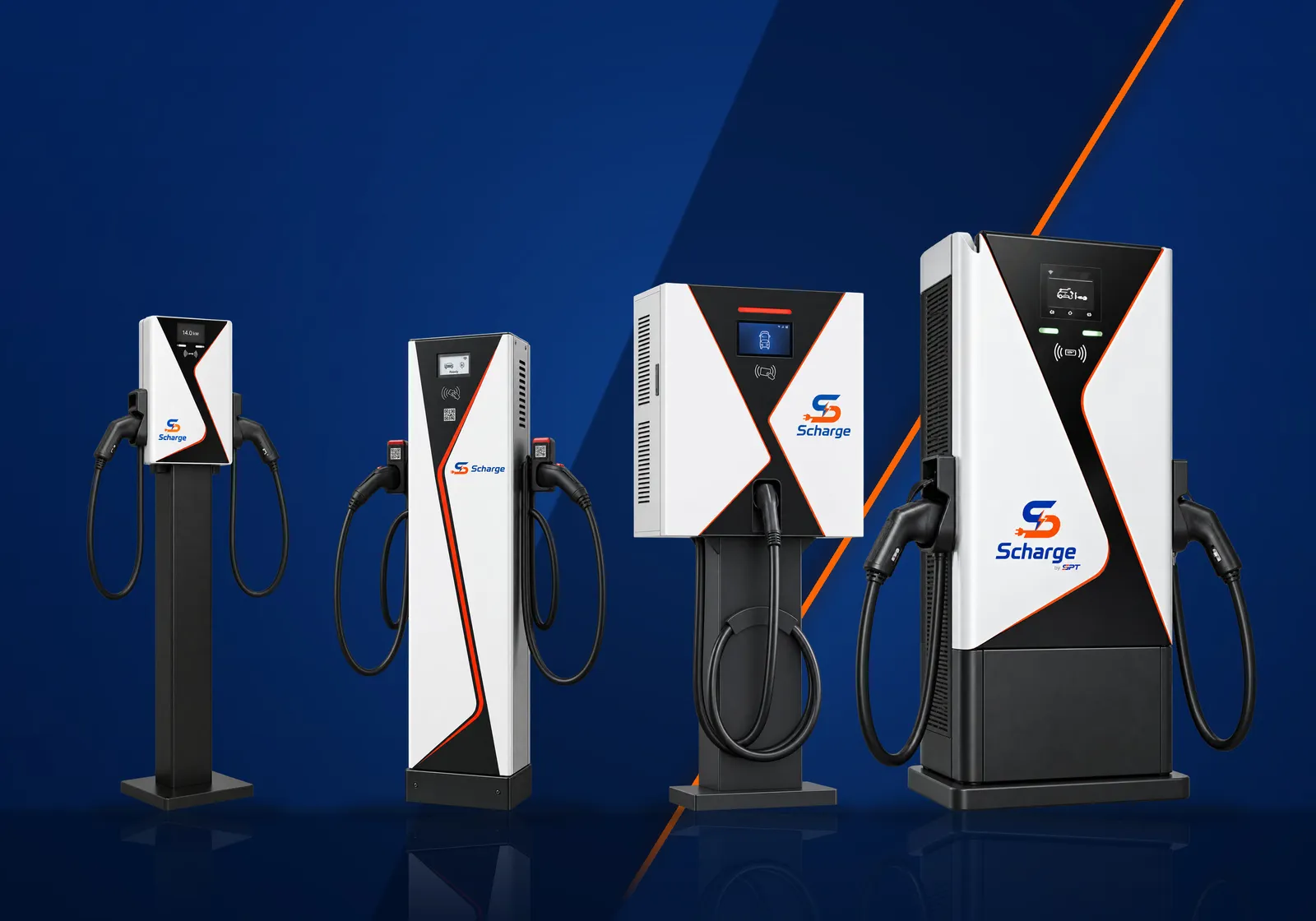 브랜드 블루 배경의 Scharge 충전기 라인업: AC 충전기 SC14, AC 스탠드형 캐비닛, DC 40 kW 충전기, DC 급속 충전 캐비닛 SC80 · SC160.