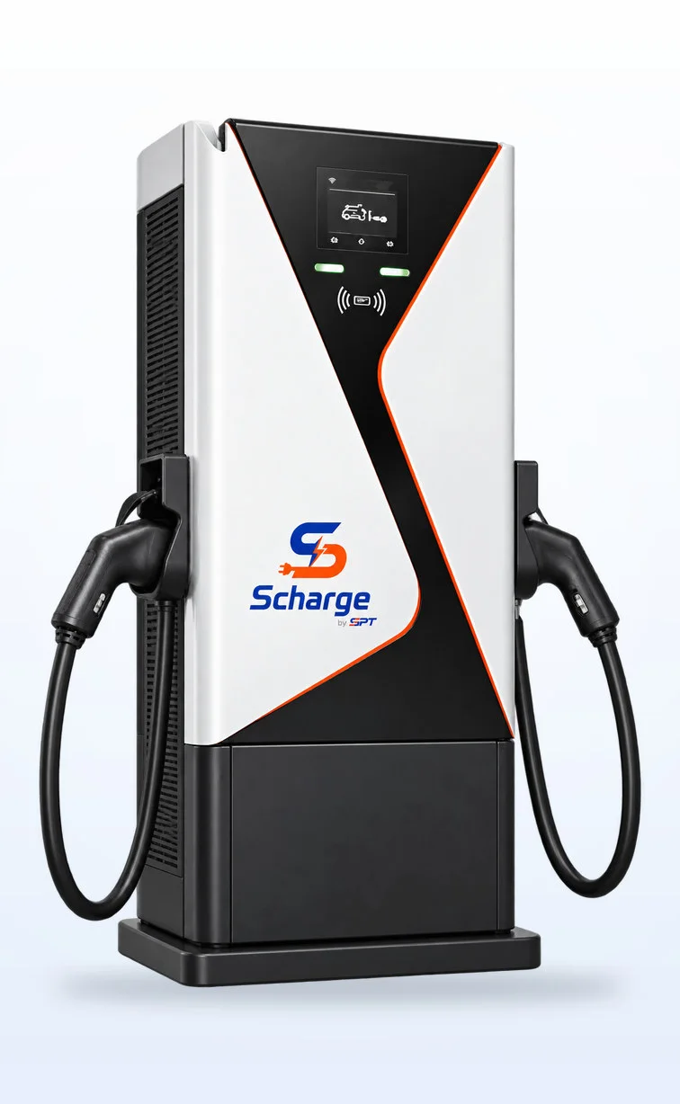 Scharge SC80 · SC160 DC 급속 충전 캐비닛, CCS2 듀얼 건, 터치스크린, 흰색과 검은색 외함에 주황색 포인트.
