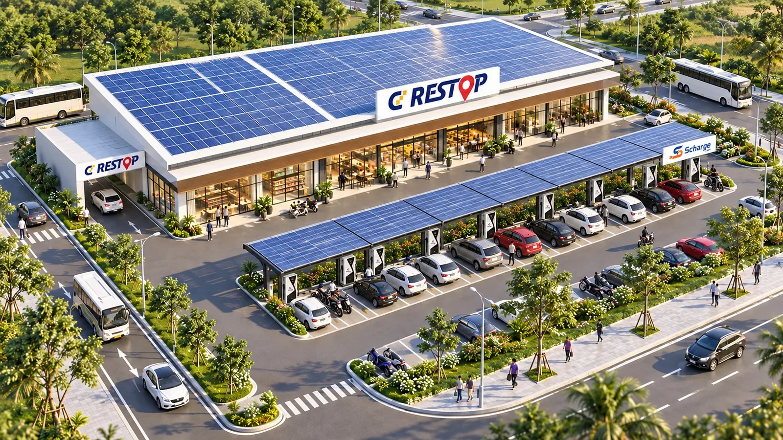 Phối cảnh toàn cảnh một điểm dừng chân CD Restop: khối nhà dịch vụ có mái điện mặt trời, dãy trụ sạc Scharge dưới mái pin, bãi đỗ xe con, xe máy và xe khách, cây xanh bao quanh.