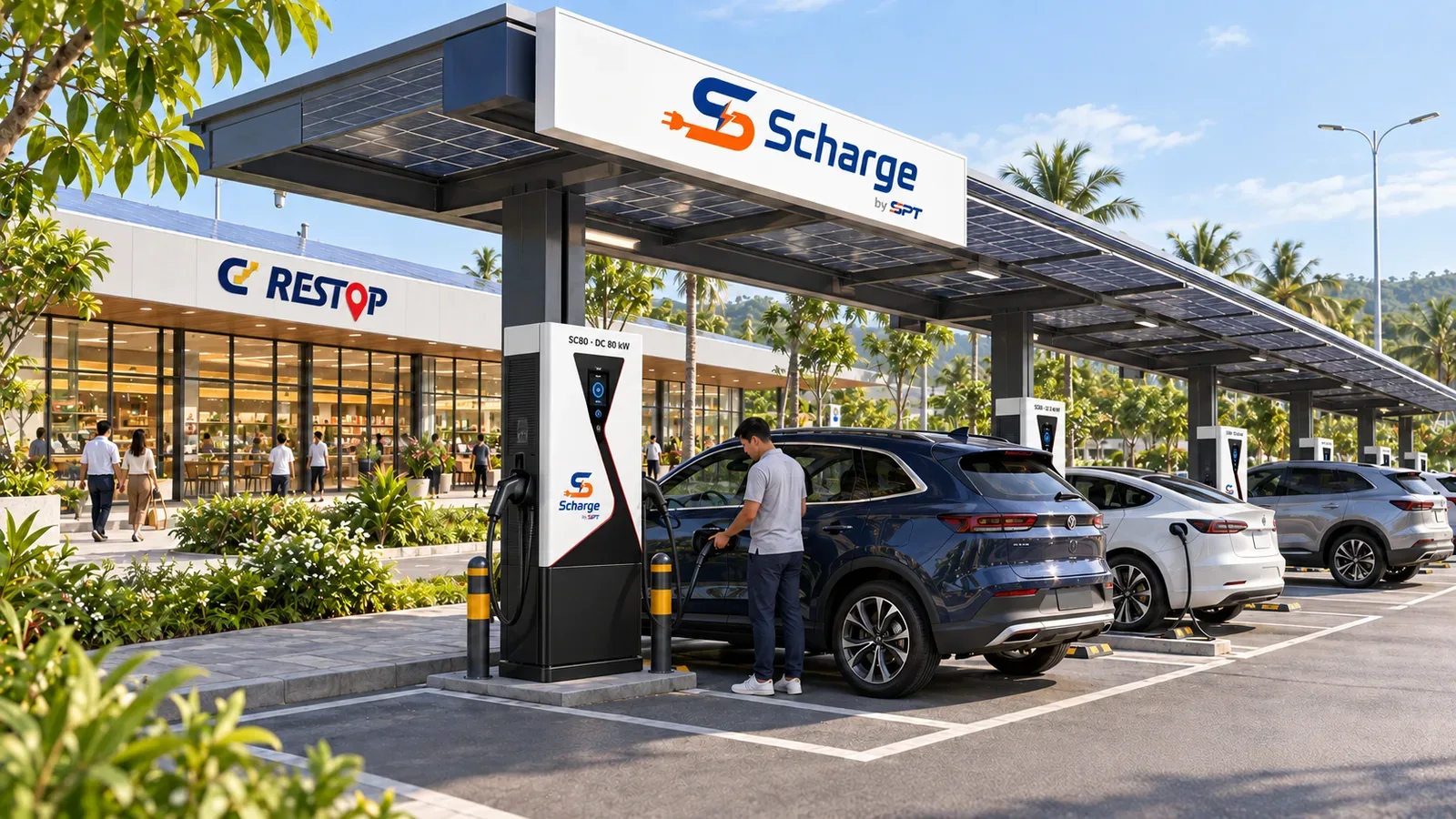 Phối cảnh khu sạc Scharge tại điểm dừng chân CD Restop: mái che mang nhận diện Scharge by SPT, trụ sạc hai súng, xe con đang cắm sạc, khối nhà dịch vụ CD Restop phía sau.