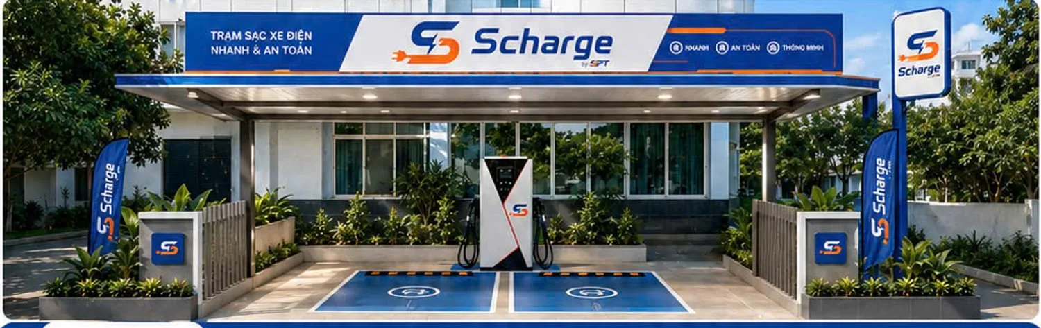 Trạm sạc Scharge với mái che, trụ sạc DC hai súng đặt giữa hai ô đỗ và biển nhận diện Scharge by SPT.